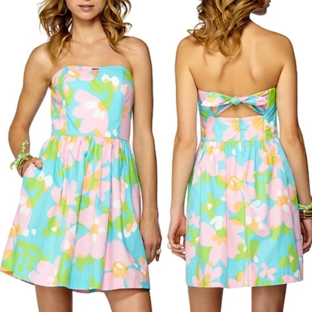 Lilly Pulitzer Size 6 Richelle Shorely Blue Mojo Strapless Tie Back Dress - Picture 2 of 10